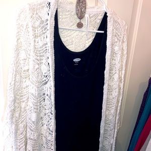 Aeropostle long white open weave cotton cardigan with side pockets, size S